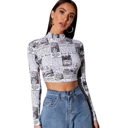 Fashion Printed Short T shirt Women Long Sleeves