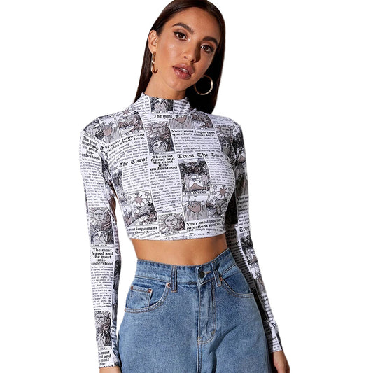 Fashion Printed Short T shirt Women Long Sleeves