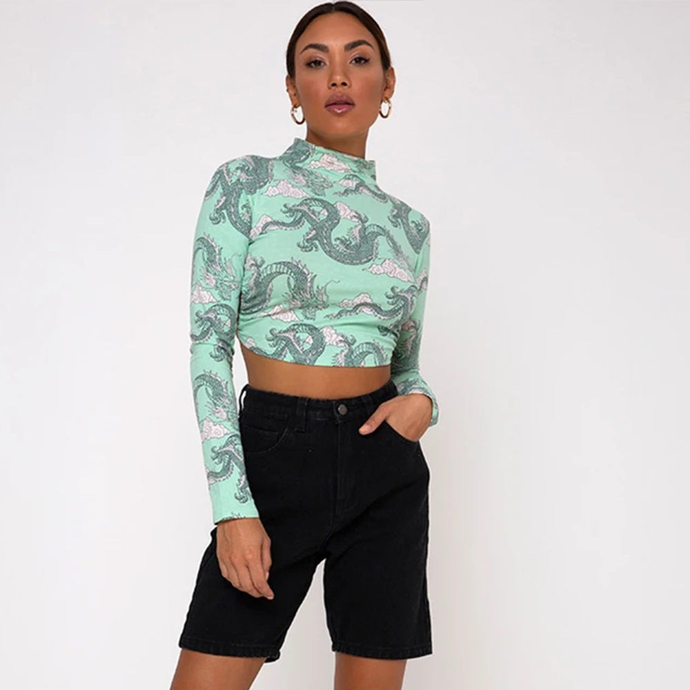 Fashion Printed Short T shirt Women Long Sleeves