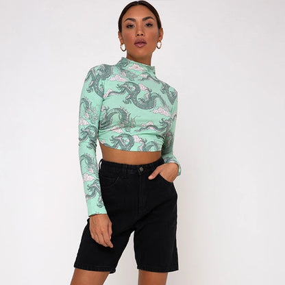 Fashion Printed Short T shirt Women Long Sleeves
