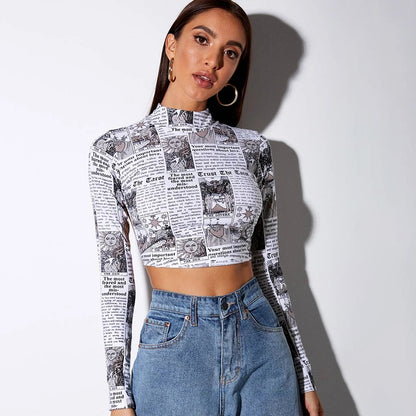 Fashion Printed Short T shirt Women Long Sleeves