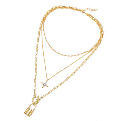 Cross-Border Jewelry New Alloy Clavicle Chain Personality Multi-Layer Eight-Pointed Star Lock Pendant Multi-Layer Necklace Women