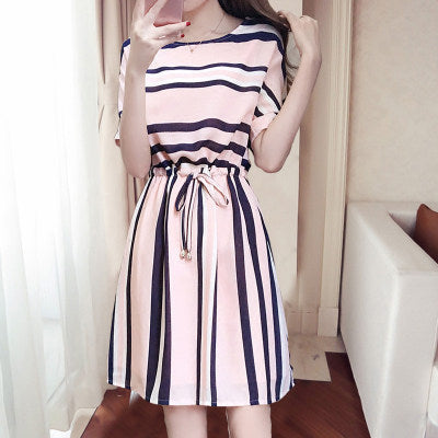 Summer Loose And Thin Striped Printed T-Shirt Dress Women'S Student Korean Mid-Length Fairy Skirt Trend