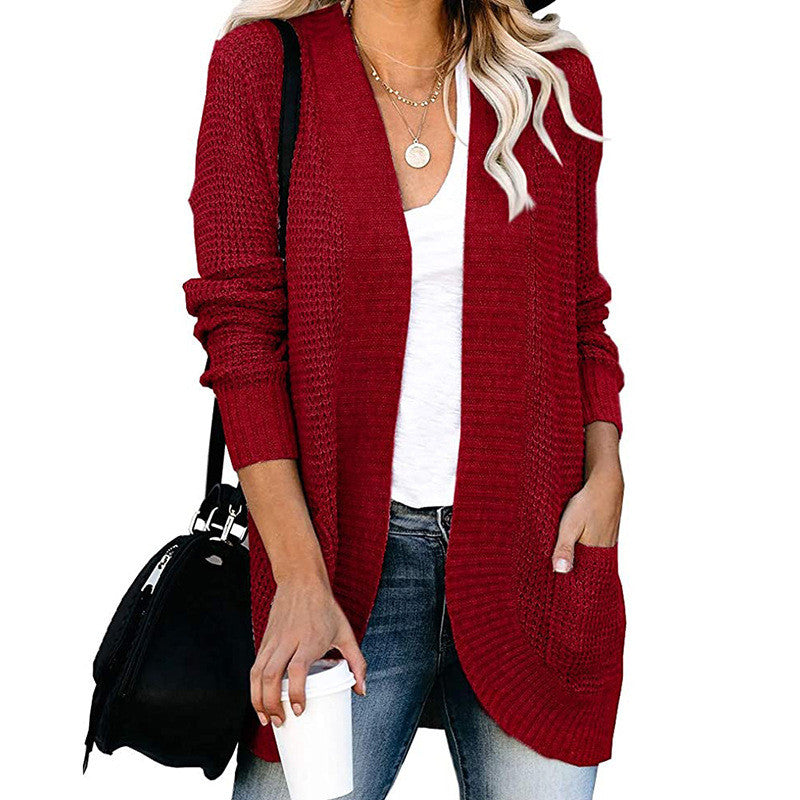 European And American Curved Placket Big Pocket Sweater Cardigan