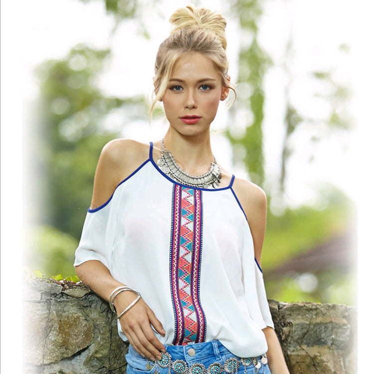 Printed Cool Off-shoulder Hanging Band Is Loose And Thin