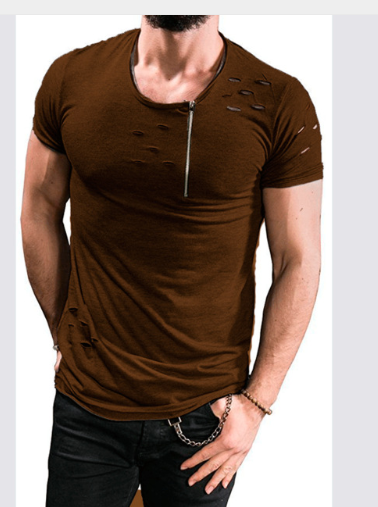 Men's Short-sleeved Zipper Decoration Torn T-shirt