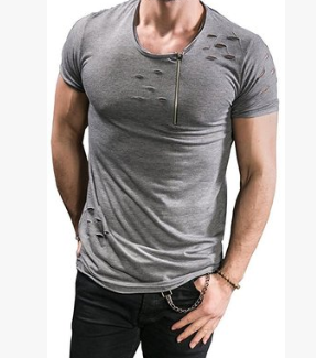 Men's Short-sleeved Zipper Decoration Torn T-shirt