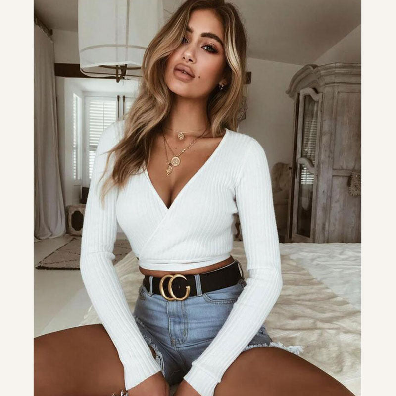Slim Crop Tops Long Sleeve T Shirt Casual Solid V Neck Knitted Short Tops