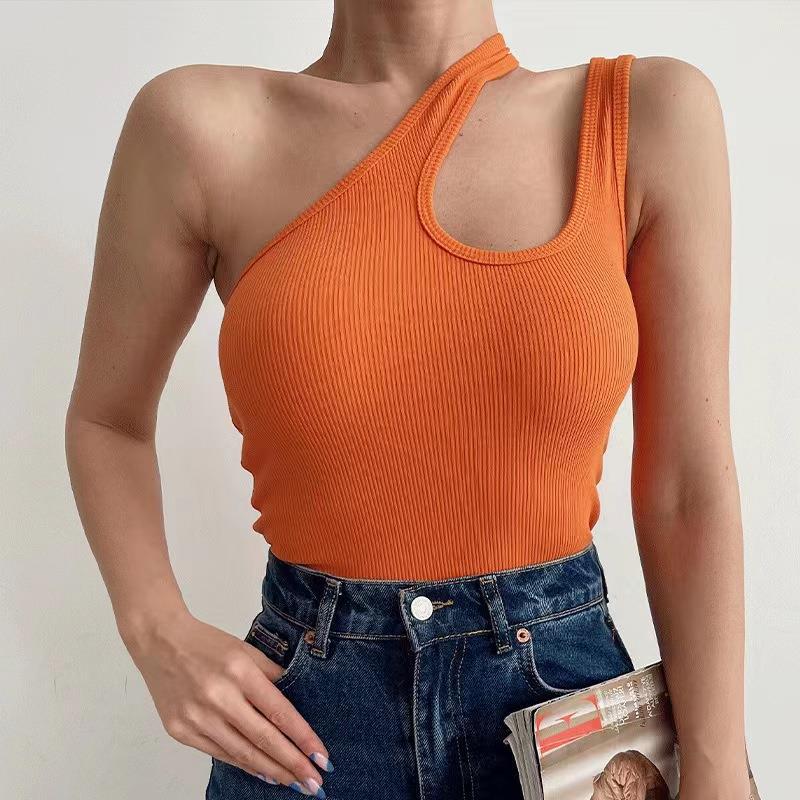 European And American Sunken Stripe Knitted Vest Solid Color Short Oblique Shoulder Irregular