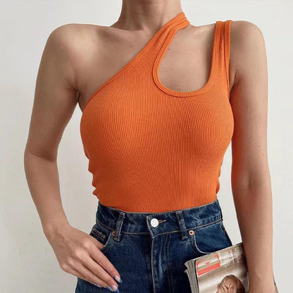 European And American Sunken Stripe Knitted Vest Solid Color Short Oblique Shoulder Irregular