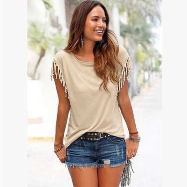big size round neck short sleeve cuffs tassel T-shirt cotton tops