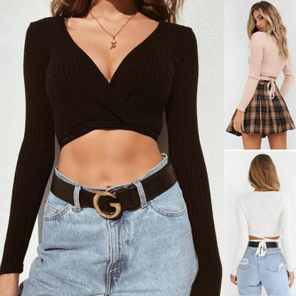 Slim Crop Tops Long Sleeve T Shirt Casual Solid V Neck Knitted Short Tops
