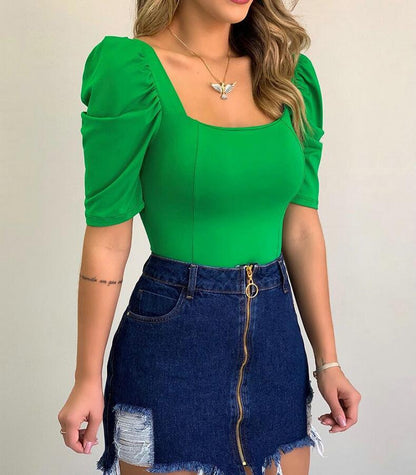 Square collar slim short sleeve top