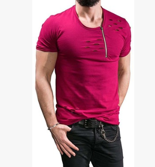 Men's Short-sleeved Zipper Decoration Torn T-shirt