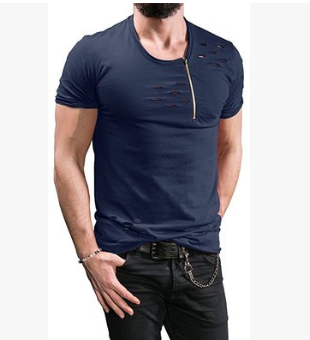 Men's Short-sleeved Zipper Decoration Torn T-shirt