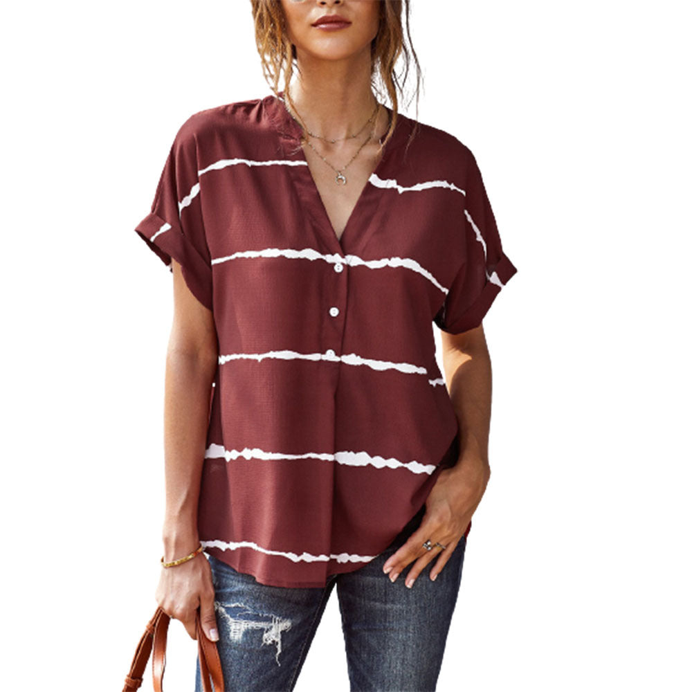 Women's Casual Loose Striped Shirt V Neck Short Sleeve T Shirt