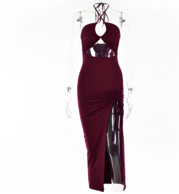 Polyester High-slit Ruffled Halterneck Dress