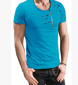 Men's Short-sleeved Zipper Decoration Torn T-shirt