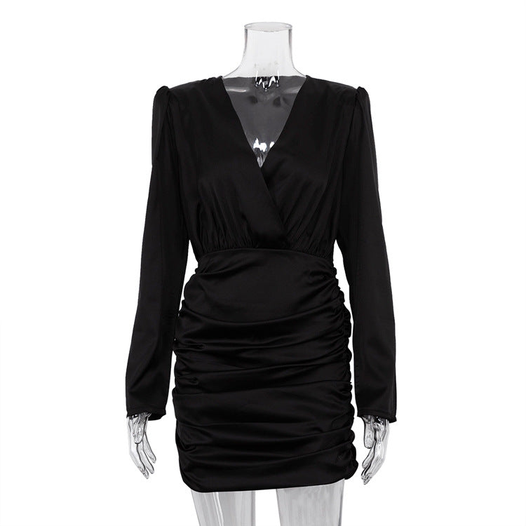 Long Sleeve Cross V-neck Waist Bag Hip Skirt Dress
