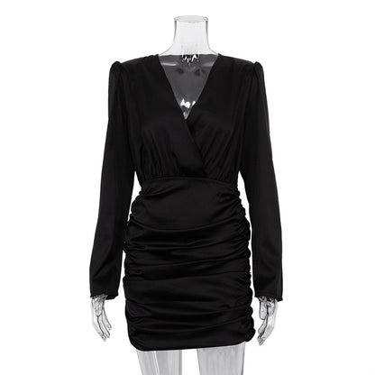 Long Sleeve Cross V-neck Waist Bag Hip Skirt Dress