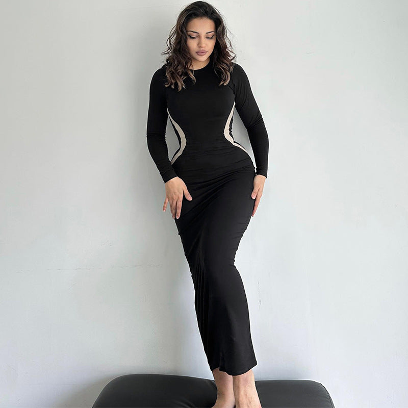 Colorblock Slim Fit Round Neck Long Sleeves Finger Stall Dress