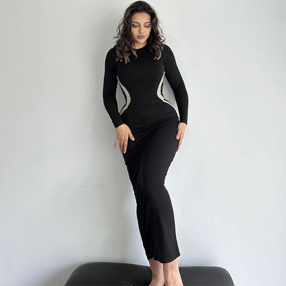 Colorblock Slim Fit Round Neck Long Sleeves Finger Stall Dress