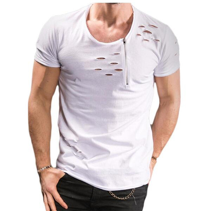 Men's Short-sleeved Zipper Decoration Torn T-shirt