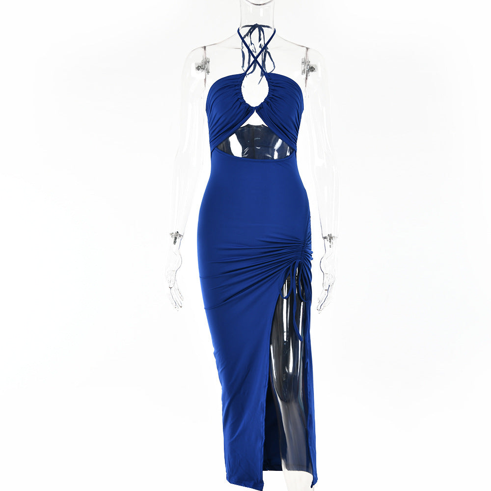 Polyester High-slit Ruffled Halterneck Dress