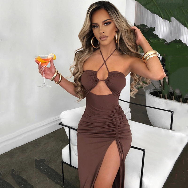 Polyester High-slit Ruffled Halterneck Dress
