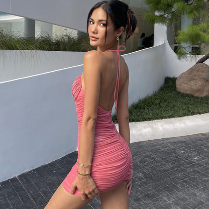 Women's Fashion Casual V-neck Pleated Lace-up Dress