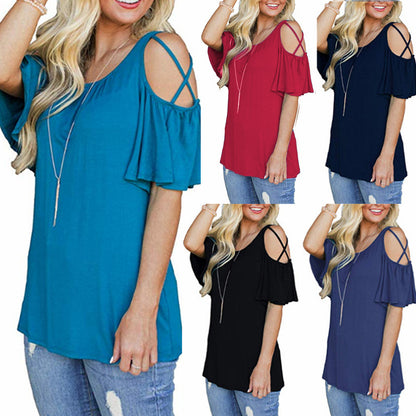New Solid Color Off-the-shoulder Short-sleeved Top T-shirt