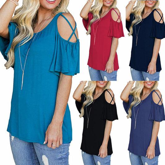 New Solid Color Off-the-shoulder Short-sleeved Top T-shirt