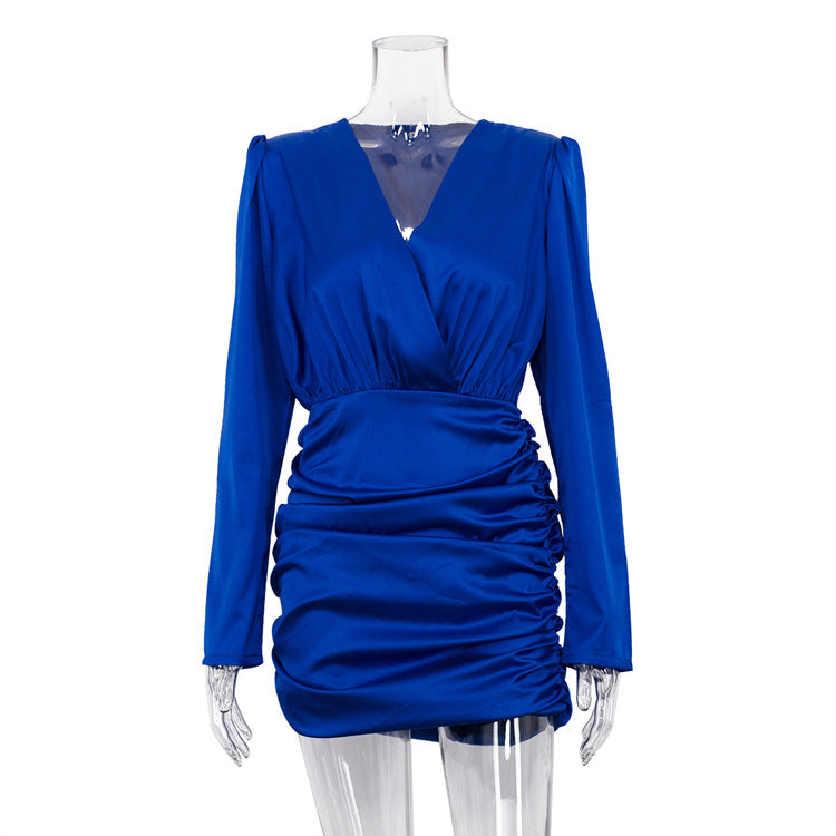 Long Sleeve Cross V-neck Waist Bag Hip Skirt Dress