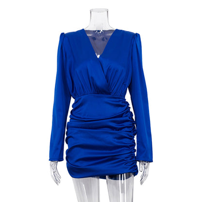 Long Sleeve Cross V-neck Waist Bag Hip Skirt Dress