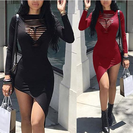 Women's New Sexy Round Neck Hollow Irregular Long Sleeve Dress