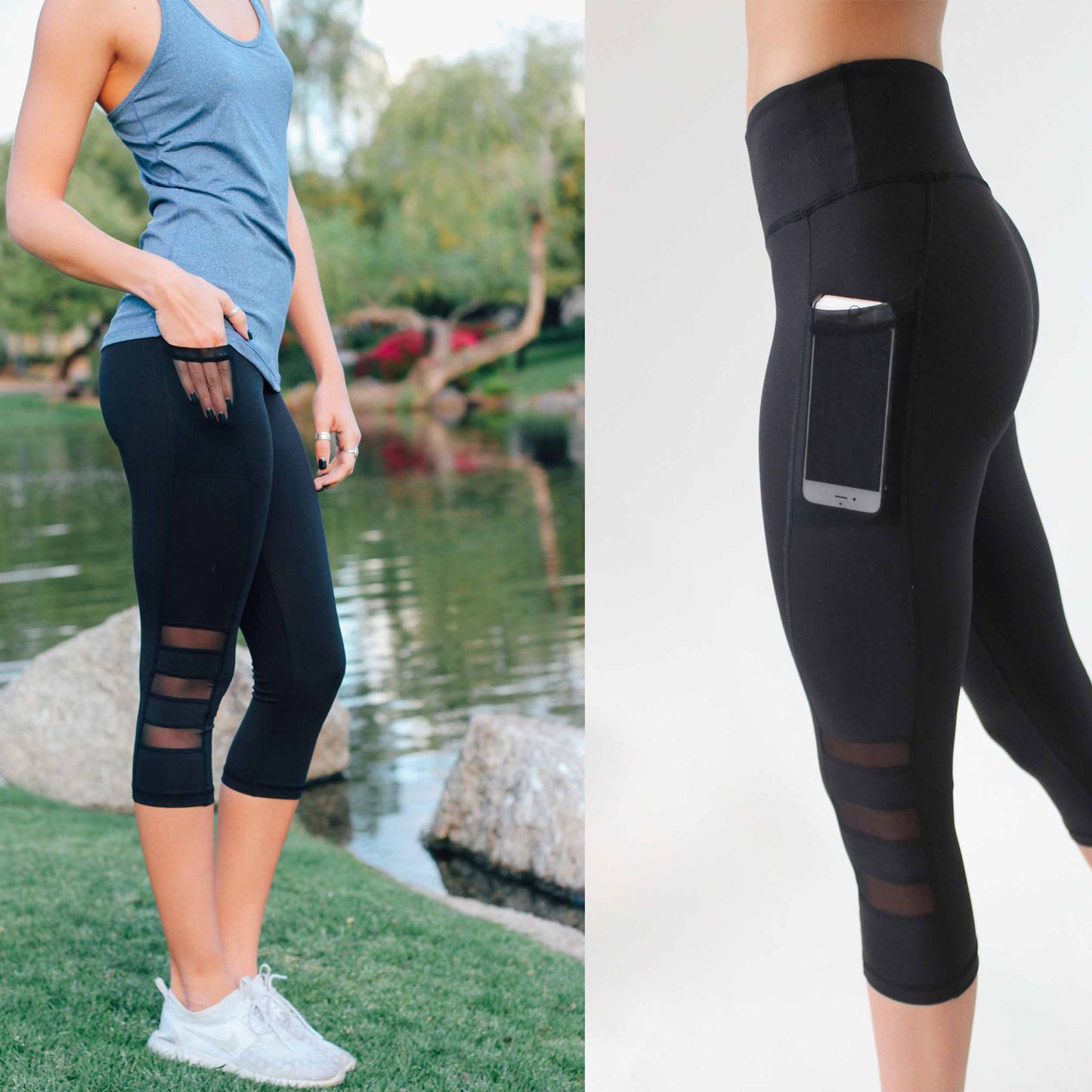 Sports Side Pocket Mobile Phone Three Section Mesh Yoga Pants