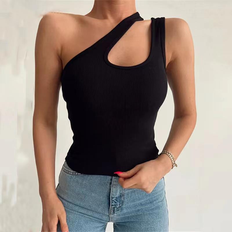 European And American Sunken Stripe Knitted Vest Solid Color Short Oblique Shoulder Irregular