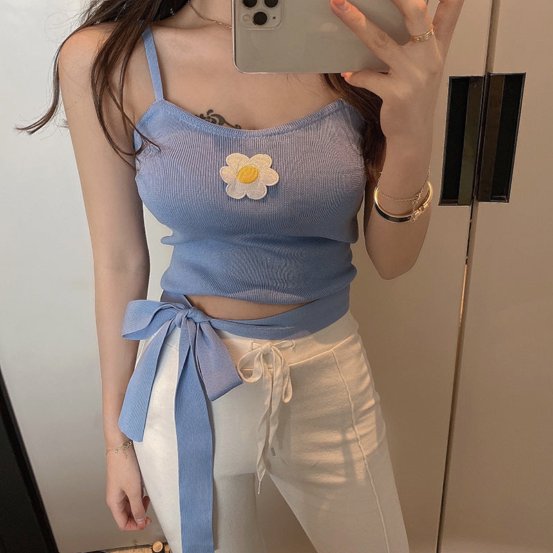 Embroidered floral slim knit suspender top