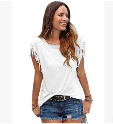 big size round neck short sleeve cuffs tassel T-shirt cotton tops