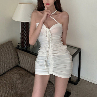 Retro Halter Neck Sling Dress With Waist Pack Hip
