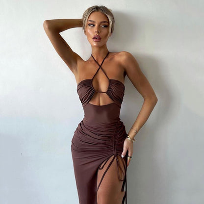 Polyester High-slit Ruffled Halterneck Dress