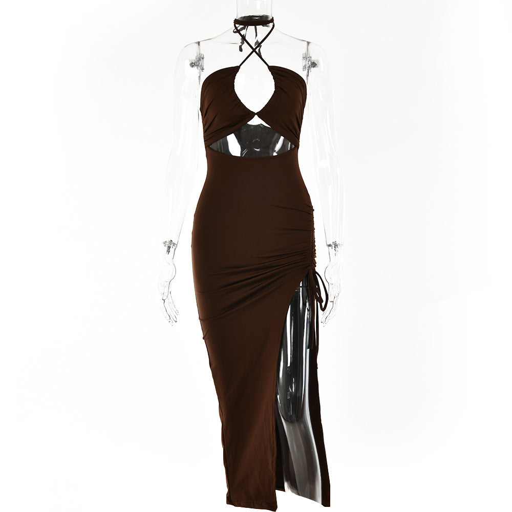 Polyester High-slit Ruffled Halterneck Dress