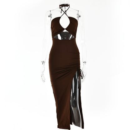 Polyester High-slit Ruffled Halterneck Dress