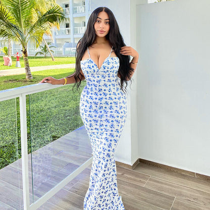 High Waisted V-neck Small Floral Skirt With Fishtail Dress