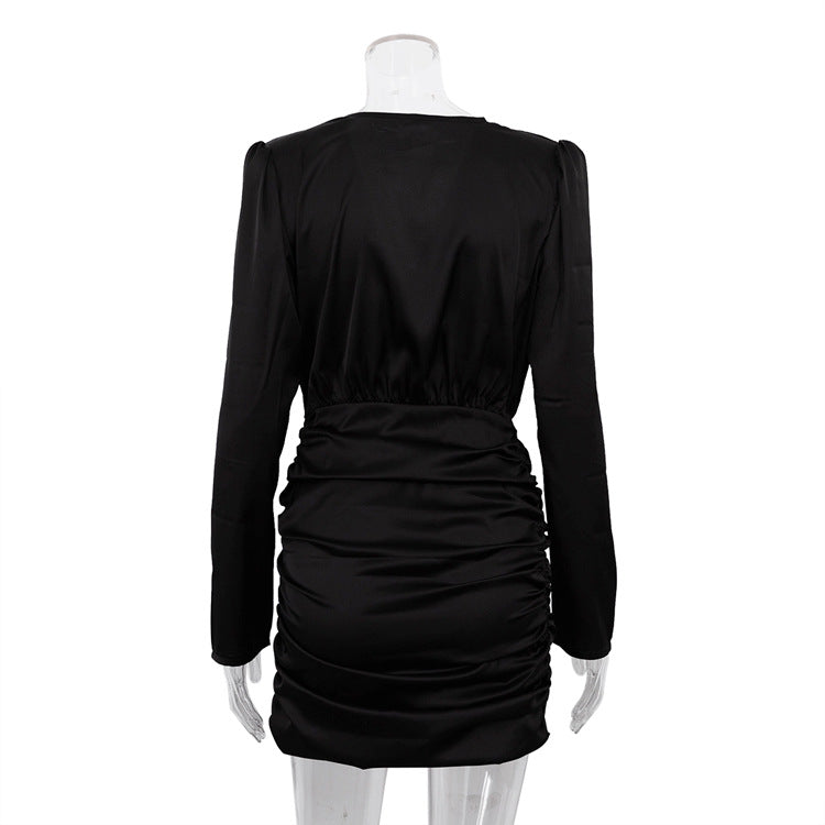 Long Sleeve Cross V-neck Waist Bag Hip Skirt Dress