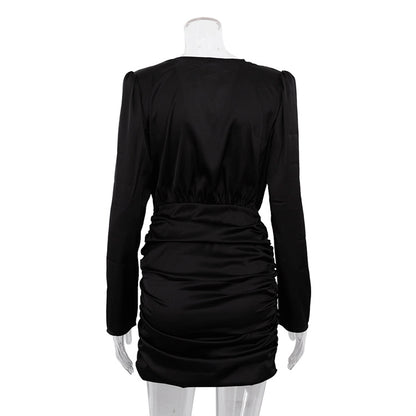 Long Sleeve Cross V-neck Waist Bag Hip Skirt Dress