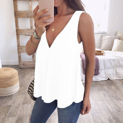 Deep V-shaped Loose Solid Color Sleeveless T-shirt