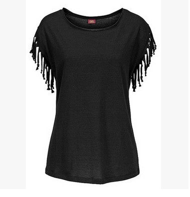 big size round neck short sleeve cuffs tassel T-shirt cotton tops