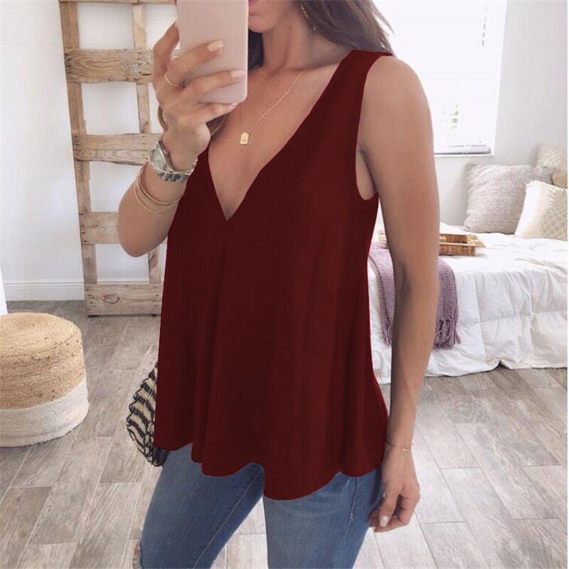 Deep V-shaped Loose Solid Color Sleeveless T-shirt
