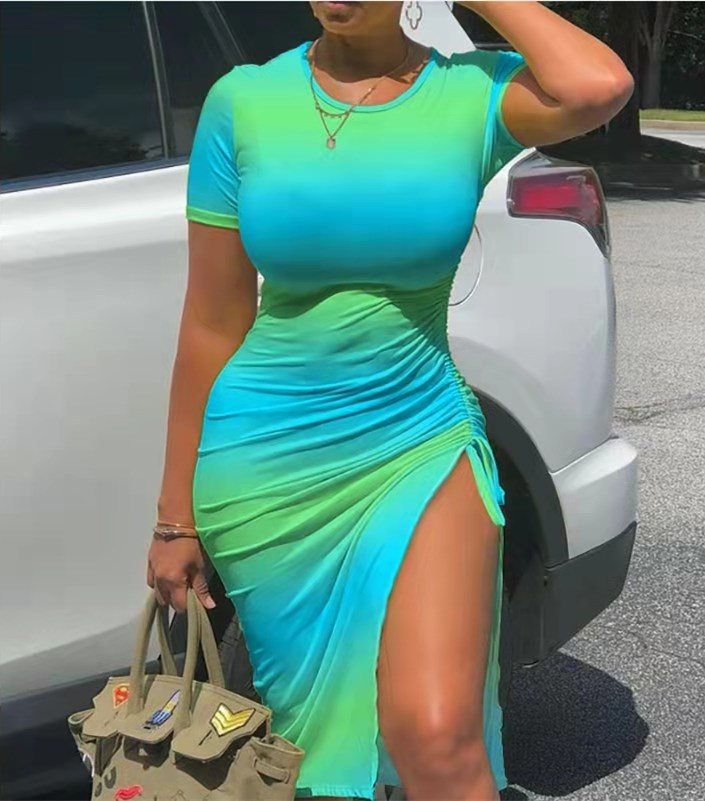 Printed Solid Color Short Sleeve Drawstring Dress